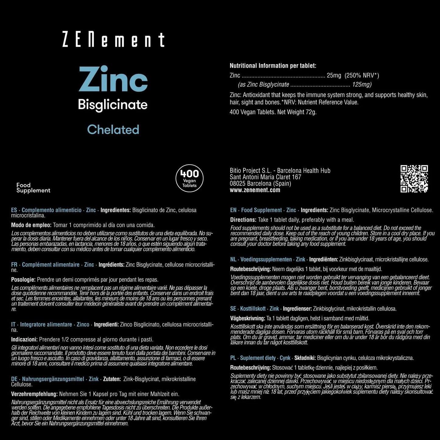 Zinc 25 mg (Bisglicinato) dosificación alta zenement 400 Comprimidos