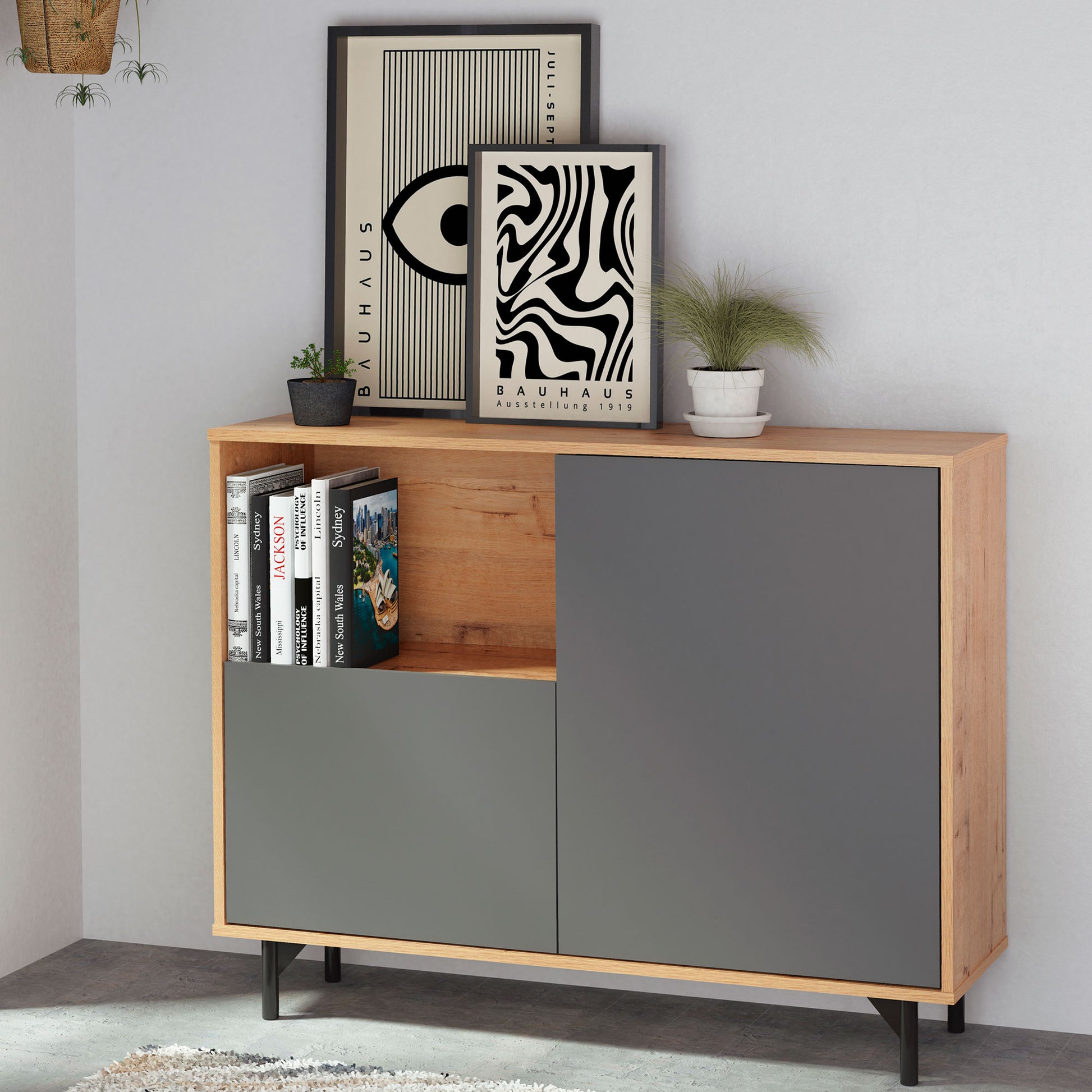 Aparador, Mueble Salón Auxiliar, Buffet, 2 Puertas, 1 Estante 86x112x33 Cm Recibidor Moderno, Briebe, Fokus, Gris