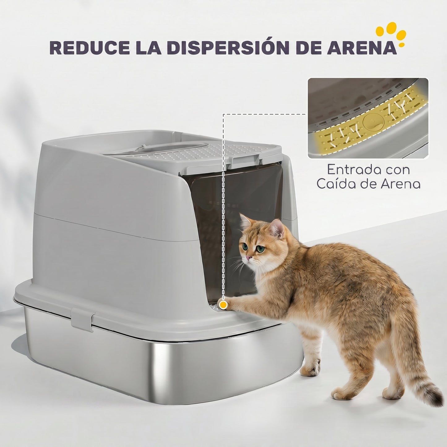 Pawhut Arenero Para Gatos De Acero Inoxidable L Con Tapa Abatible Gris Claro_5