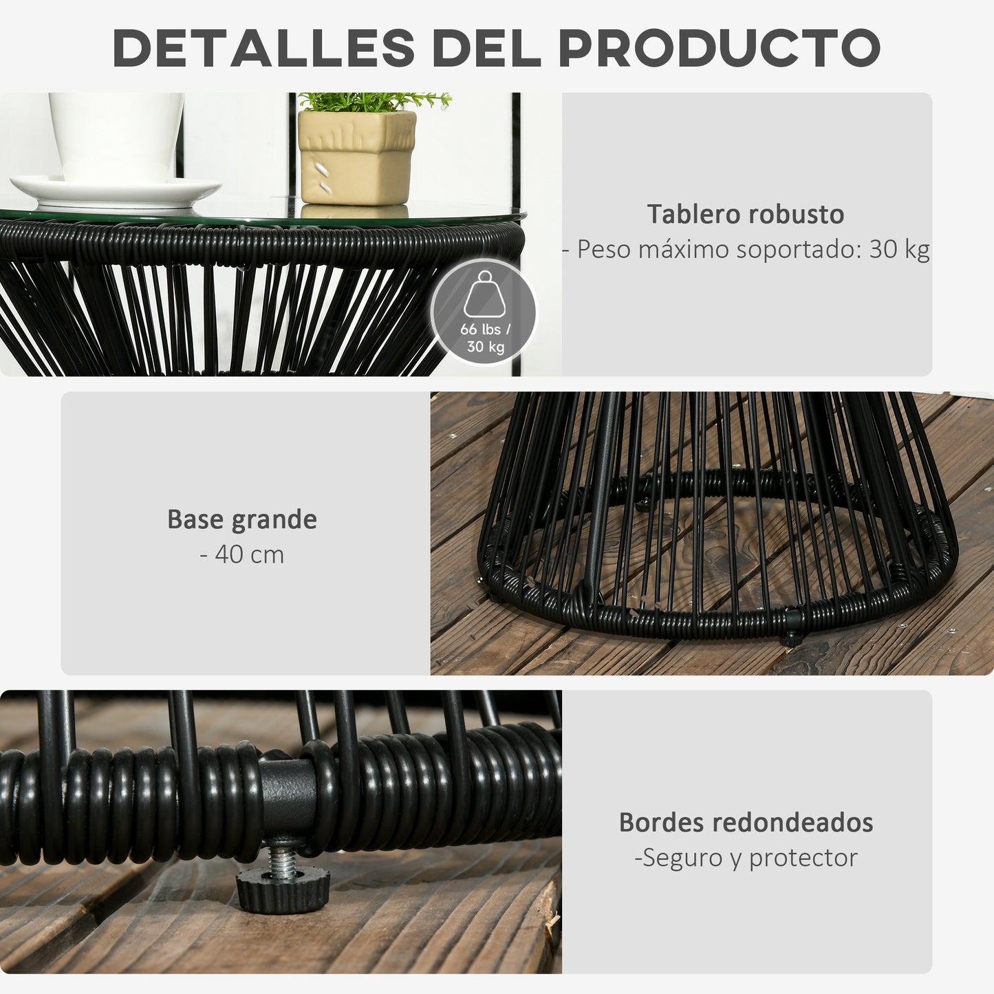Outsunny Mesa De Jardín De Ratán Sintético Con Marco De Metal Ø40x42 Cm Negro_5
