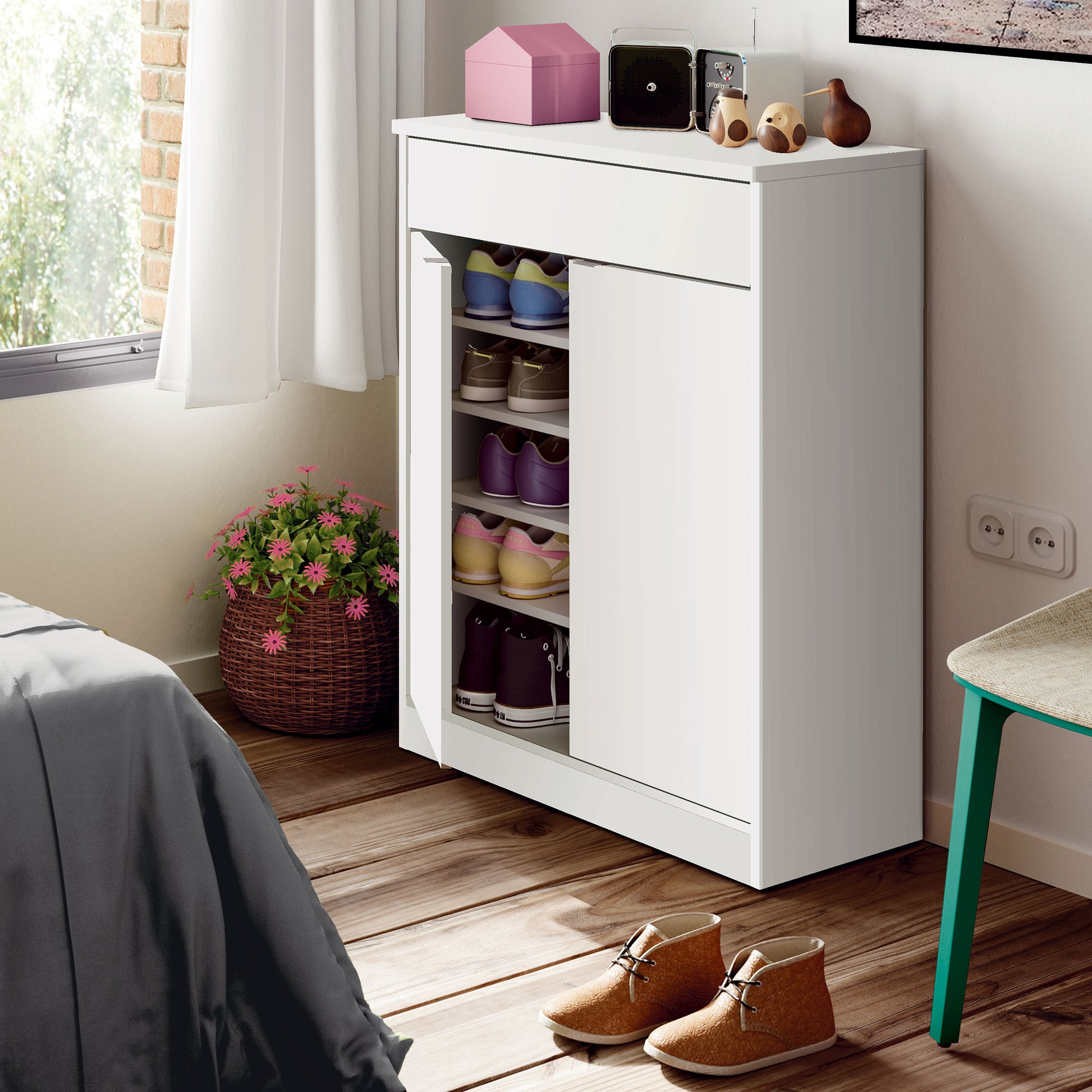 Zapatero Entrada Recibidor, Mueble Auxiliar Estrecho Zapatos, 2 Puertas, 1 Cajón 101x75x36 Cm, Briebe, Domus, Blanco