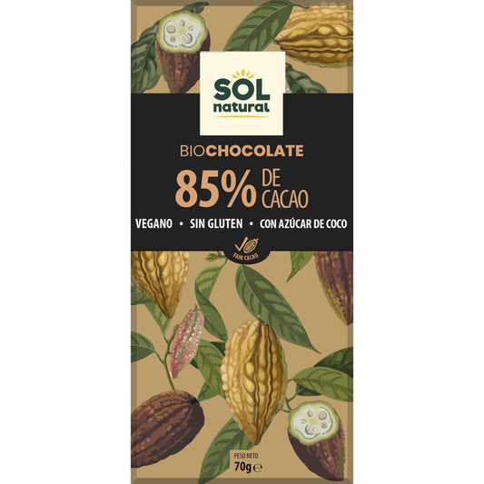 Tableta de Chocolate Negro Vegano 85% Bio Sol Natural 70 g