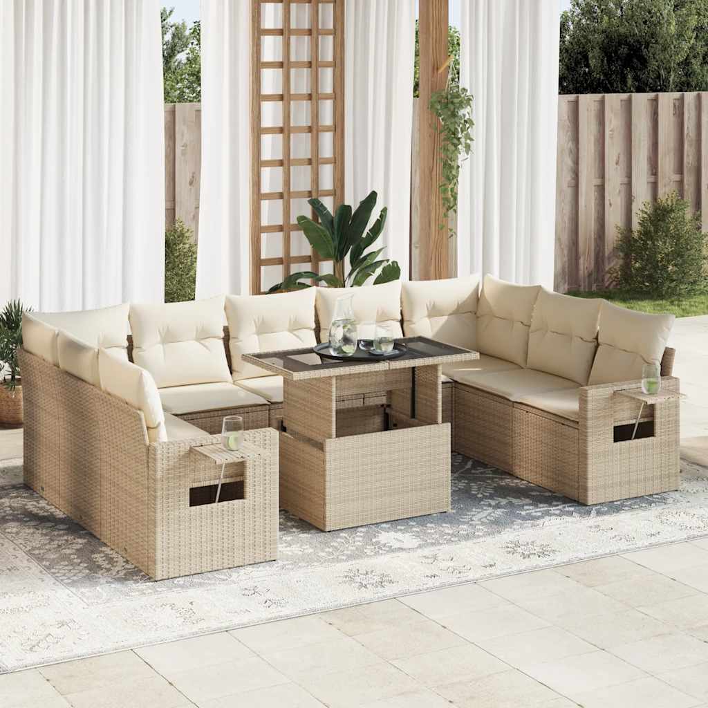 Juego De Sofás Jardín Con Cojines Beige 10 Pzas Ratán Sintético / Vetonek_5