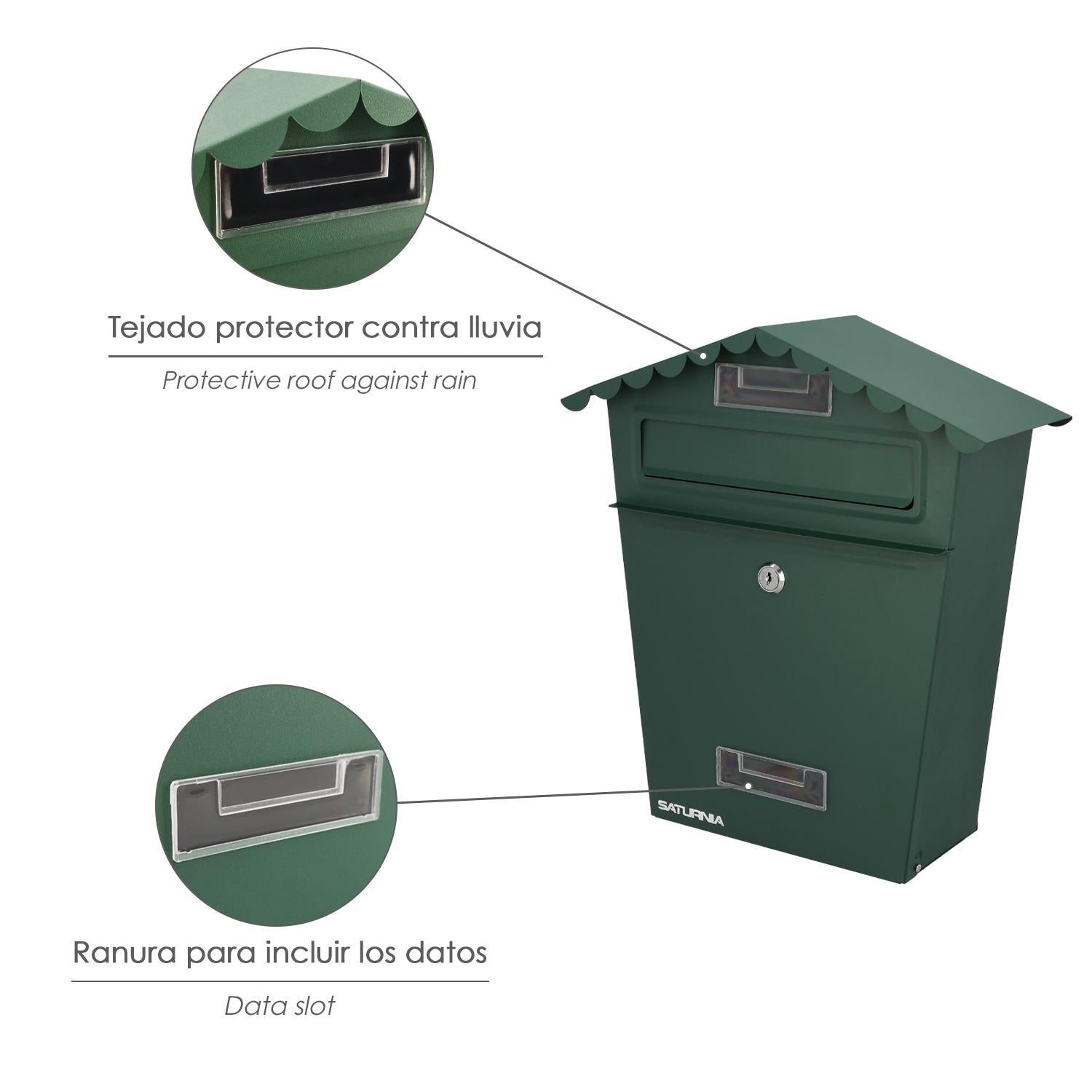 Buzon Exteriores House Verde 330 X 125 X 365 (alt.) Mm. Con Tejado, Acero Pintado. Buzon Pared, Buzon Cartas, Buzon Correos