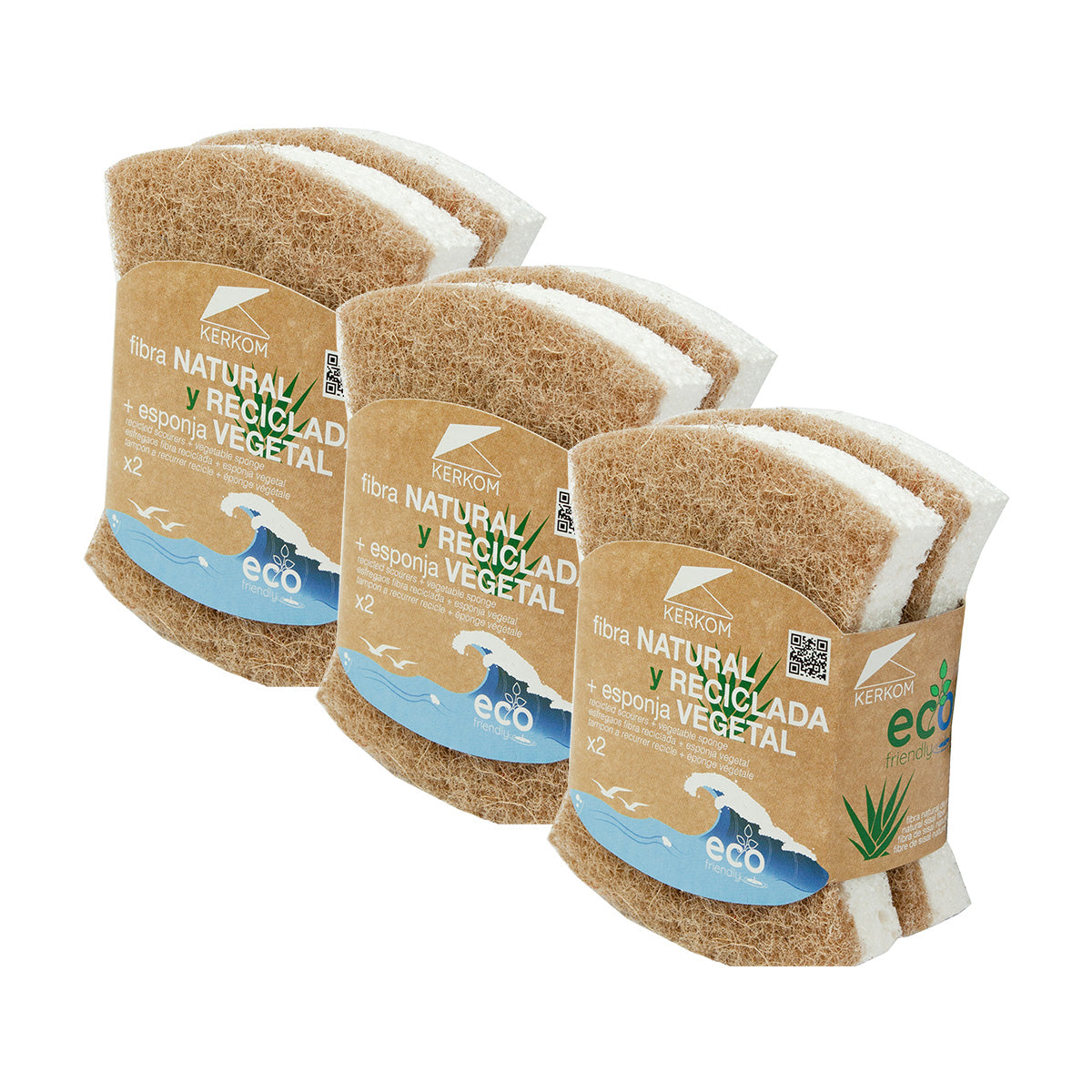 Pack x6 Estropajos con esponja vegetal Ergo Eco Friendly Kerkom (3 unidades x 2 estropajos cada una)