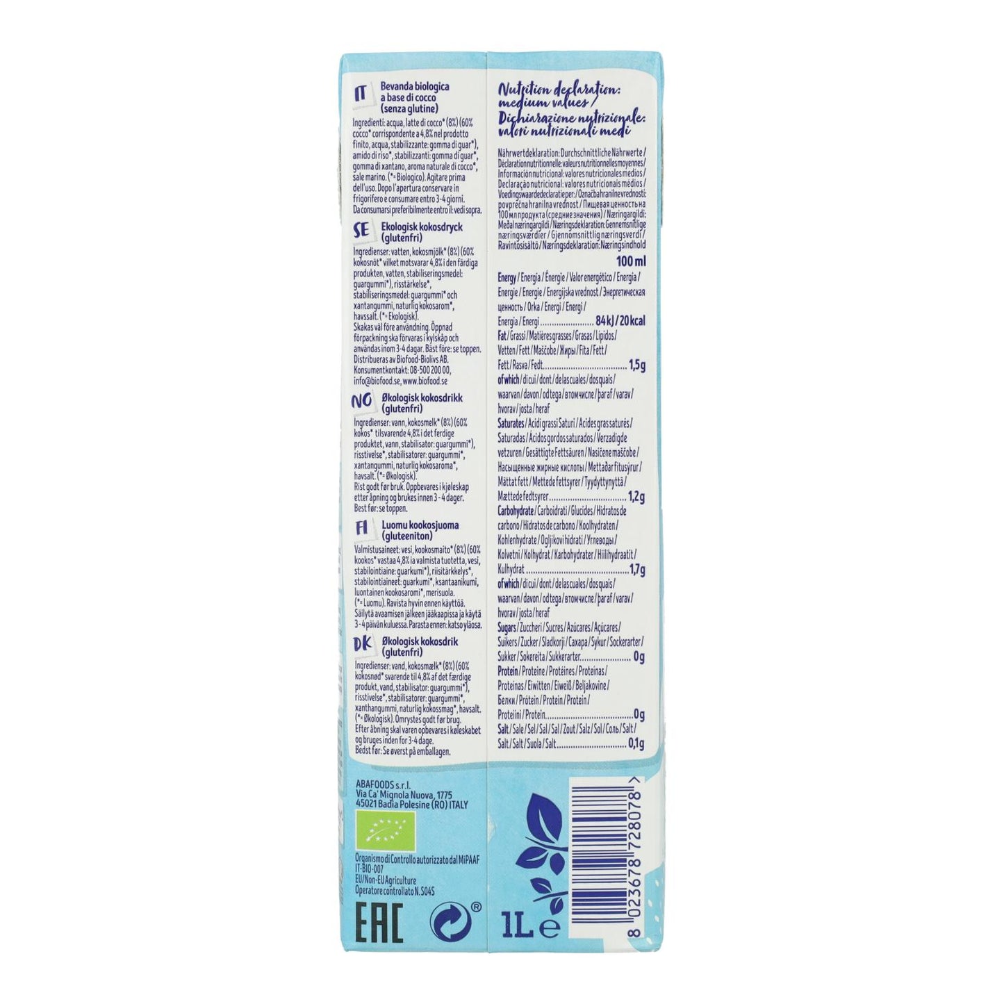 Bebida de Coco Sin Azúcar Bio Isola Bio 1L