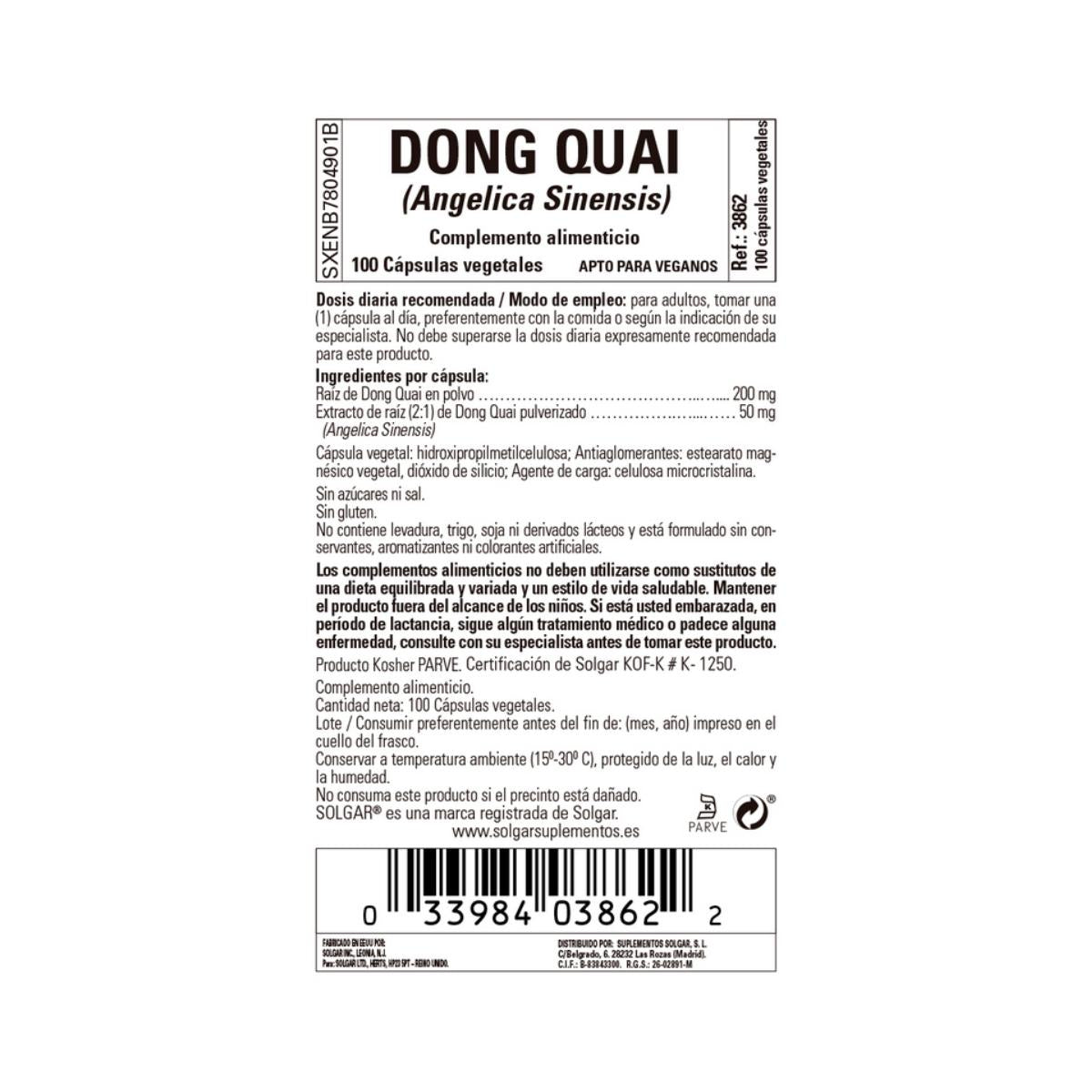 Dong Quai (Angelica sinensis), 100 cápsulas vegetales