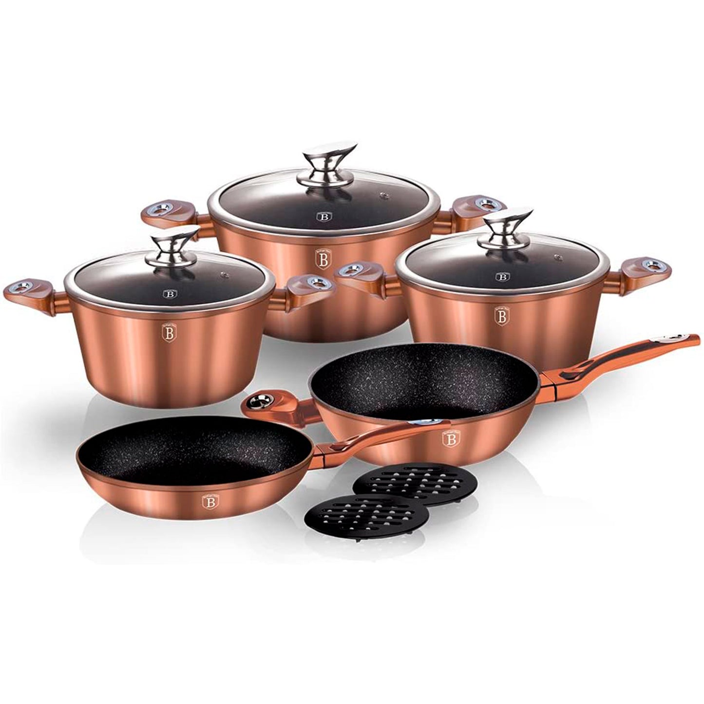 Batería Cocina Inducción 10 Piezas, Antiadherente Mármol Sin Pfoa, Aluminio, Cazuelas Sartenes Berlinger Haus Rose Gold Oro Rosado