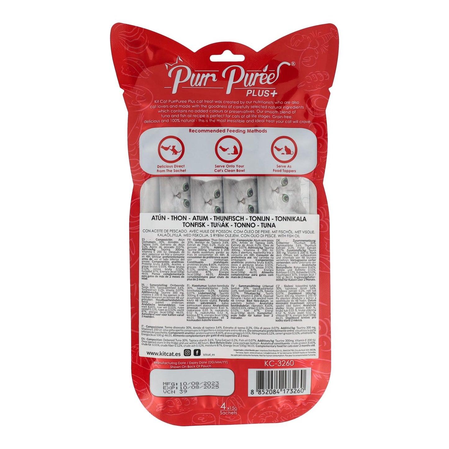 Kit Cat PurrPuree Plus - Atún Skin & Coat Kit Cat 4x15 g Snack cremoso para gatos