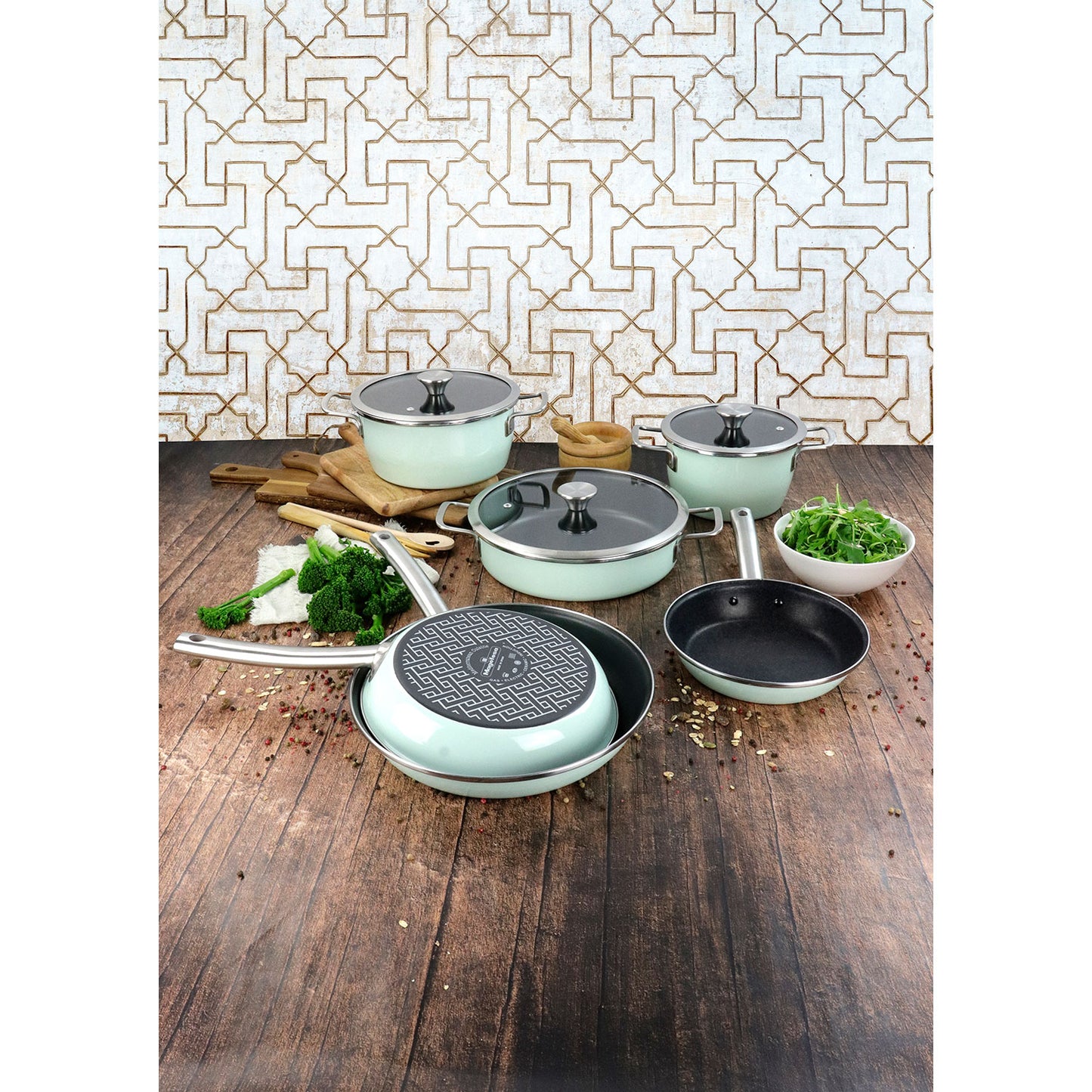 Batería Cocina Inducción 9 Piezas, Antiadherente Libre Pfoa Exterior Verde Menta Retro Vintage Magefesa Nordic, Verde_5