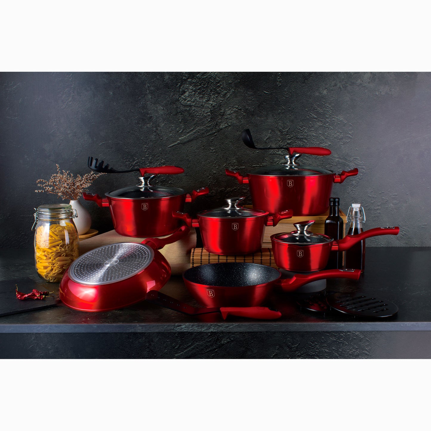 Batería Cocina Inducción 15 Piezas Antiadherente Sin Pfoa Aluminio Cazuelas Sartenes Utensilios Berlinger Haus Burgundy Rojo