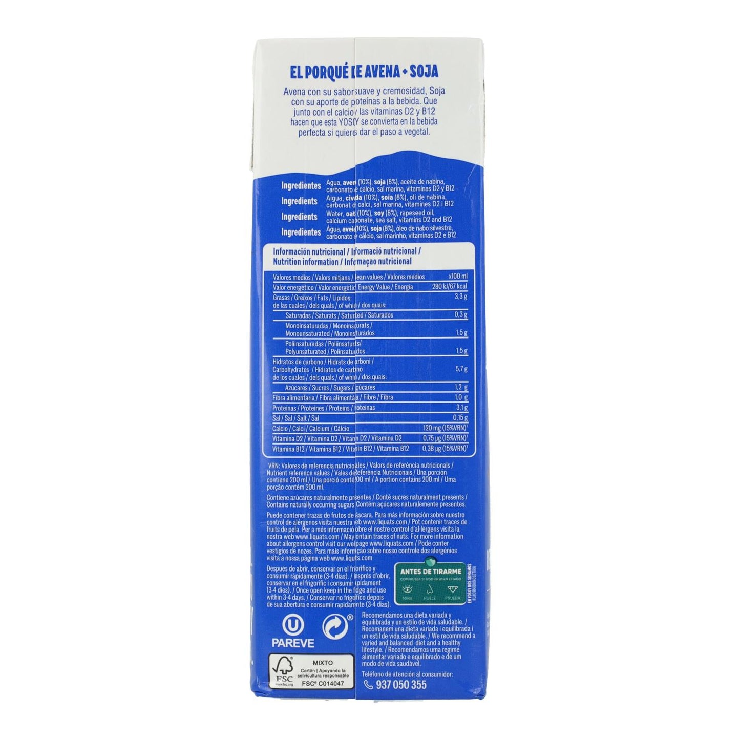 Pack 6 uds Bebida YOSOY NO ES LECHE de Avena y Soja sin gluten YOSOY 1L