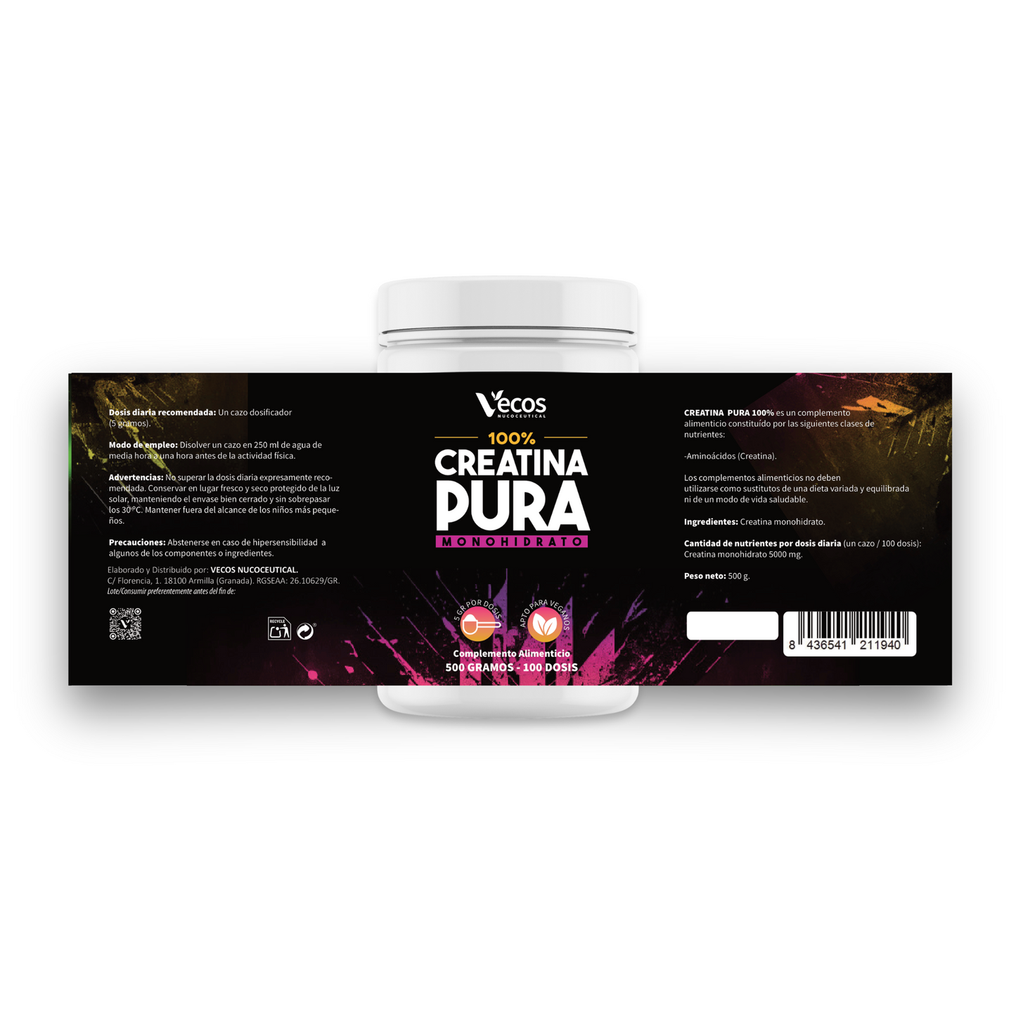 Creatina Monohidrato Pura Vecos 500 G | Para Fuerza, Potencia Y Entrenamiento_4