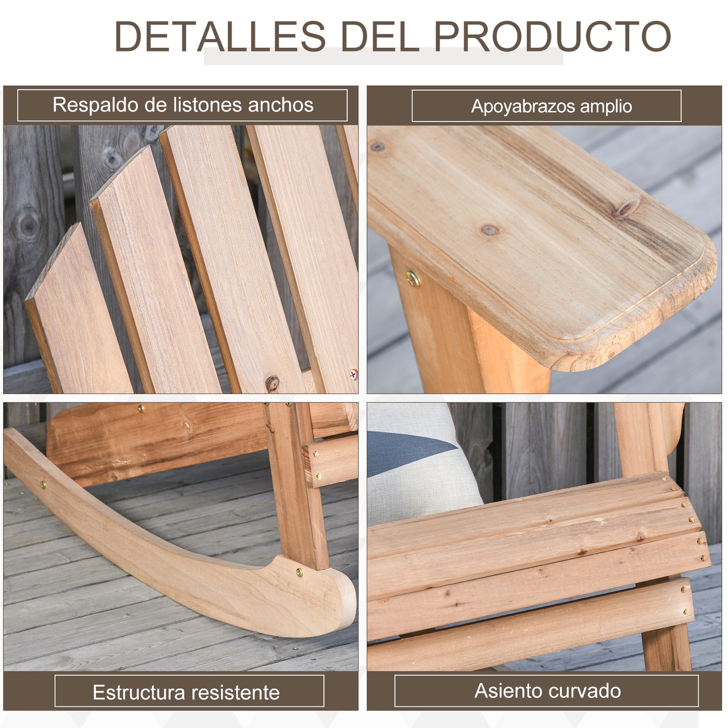 Outsunny Silla De Jardín Mecedora Adirondack De Madera Natural 77x94x97cm Color_5