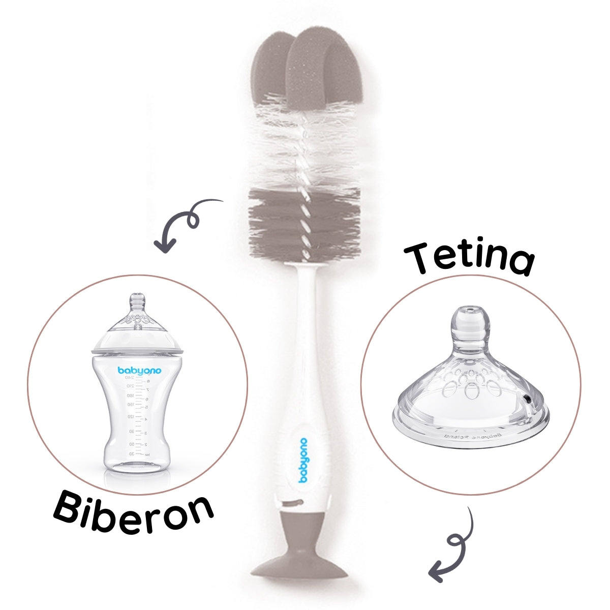 Cepillo Limpia Biberones Botellas Y Tetinas Con Ventosa Grey