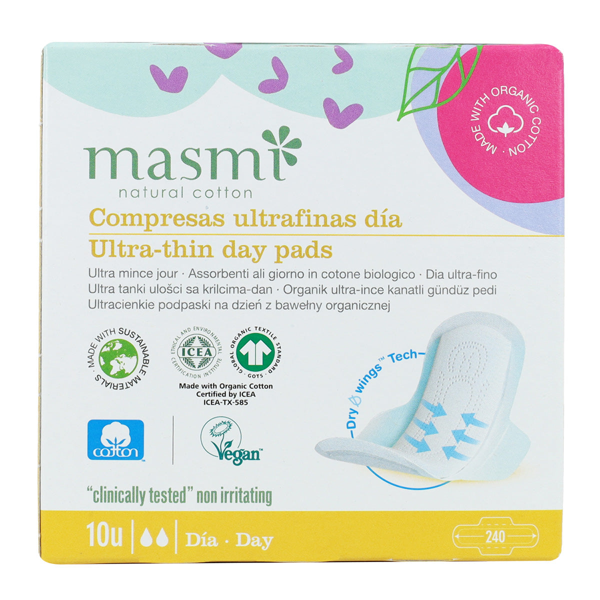 Compresas alas ultra dia 100% algodón Masmi 10 Uds