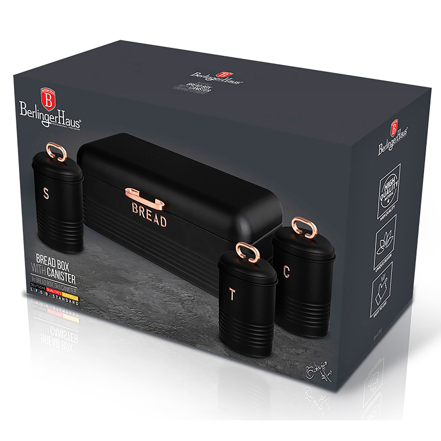Panera De Mesa +juego 3 Botes Cocina Almacenaje Acero Inoxidable Contenedor De Pan Con Tapa Berlinger Haus Black Rose, Oro Rosado/negro