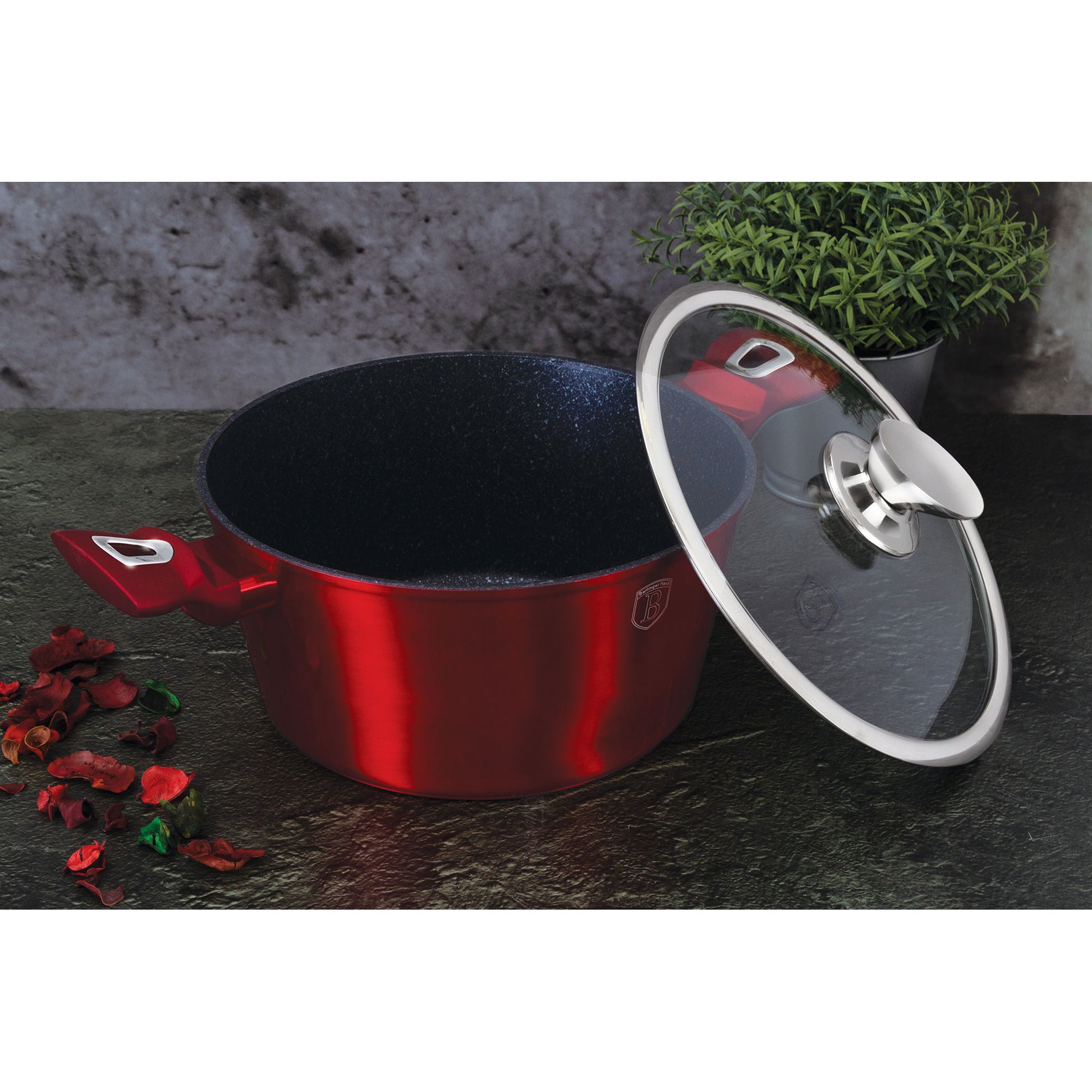 Batería Cocina Inducción 14 Piezas, Antiadherente Sin Pfoa, Aluminio, Cazuelas Sartenes Plancha Berlinger Haus Burgundy Rojo