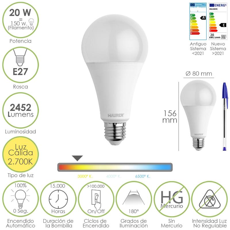 Bombilla Led Estandar Rosca E27. 20 Watt. Equivale A 150 Watt. 2452 Lumenes. Luz Calida (3000º K.)_0