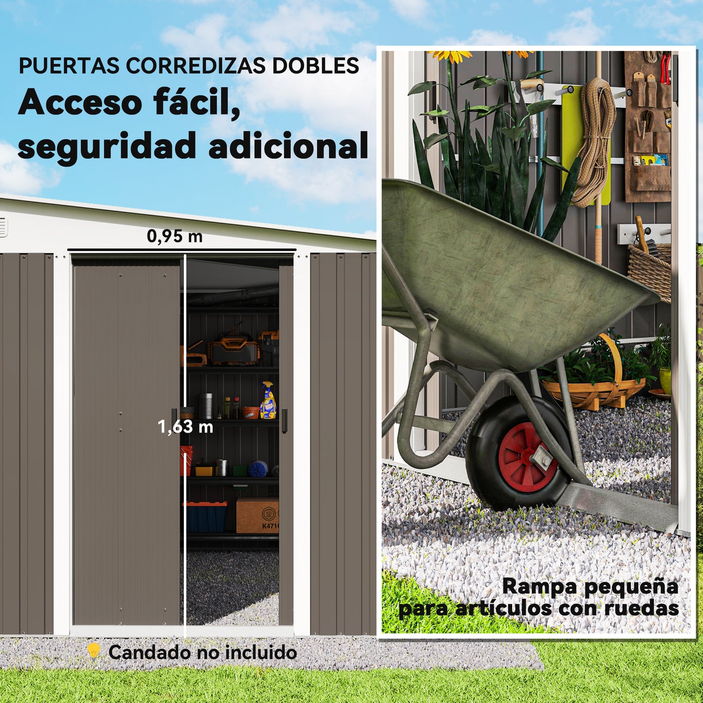 Outsunny Cobertizo De Jardín Con Puerta Y 2 Ventanas 8,9 M² 280x345x201 Cm Gris_5