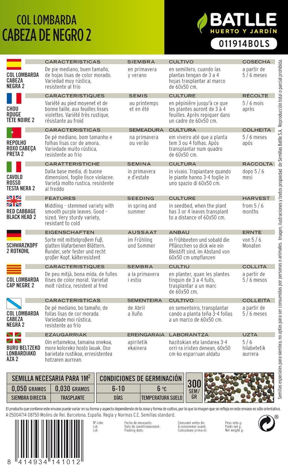 Semillas de de Col lombarda cabeza negra 2 ecológicas Batlle