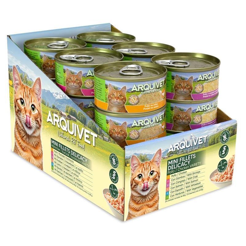 Latas de filetes de pollo en salsa 6 recetas Arquivet 24 x 80 g Comida húmeda para gatos