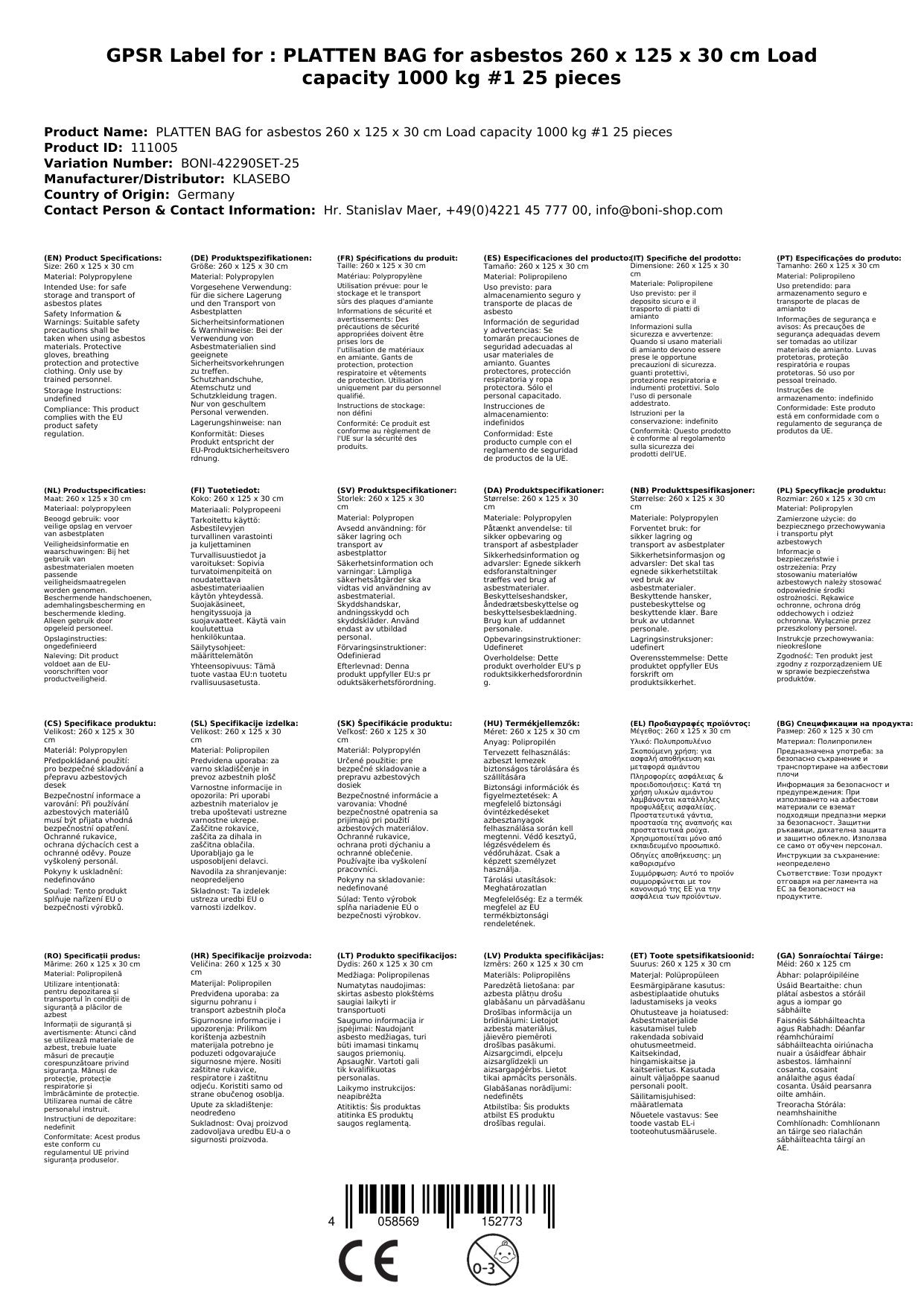 Platten Bag Für Asbest 260 X 125 X 30 Cm Tragkraft 1000 Kg #1 25 Stück_1