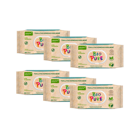 PACK 6x Toallitas Húmedas para bebé Biopure biodegradables Salustar 60 uds