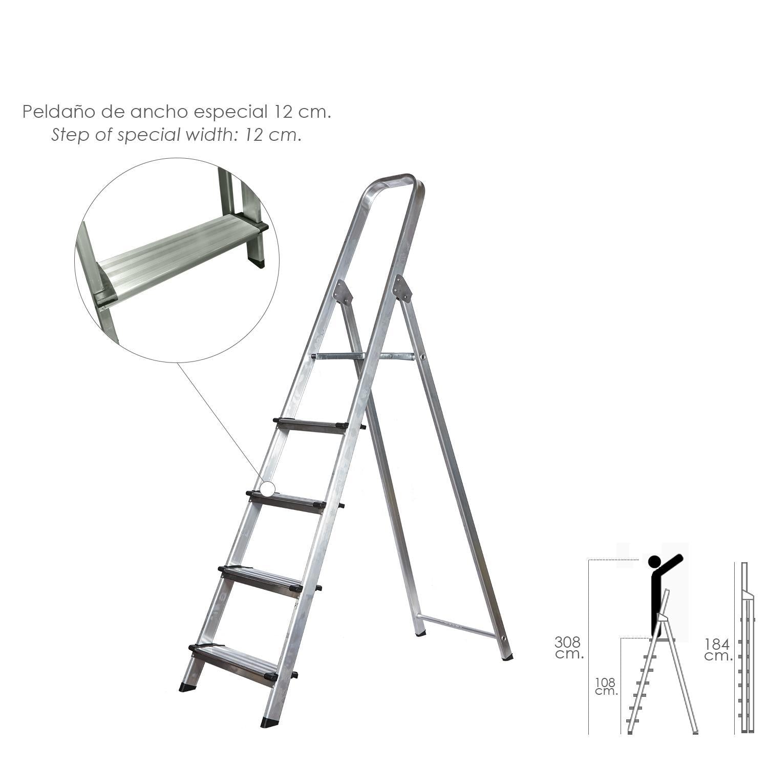 Escalera Doméstica Aluminio Profesional 5 Peldaños 12 Cm Grosor.