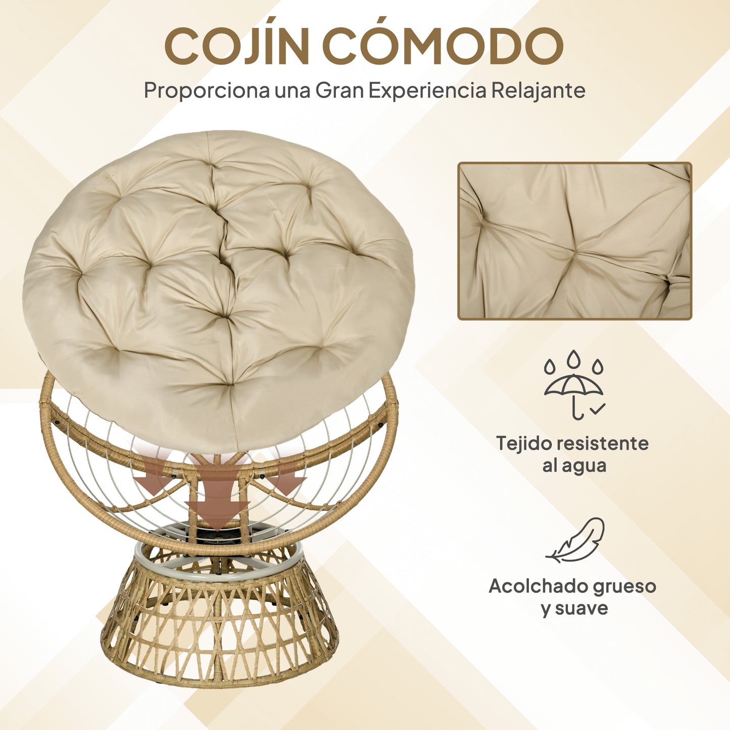 Outsunny Silla Giratoria De Ratán Sintético Con Cojín 85x70x82 Cm Amarillo_5