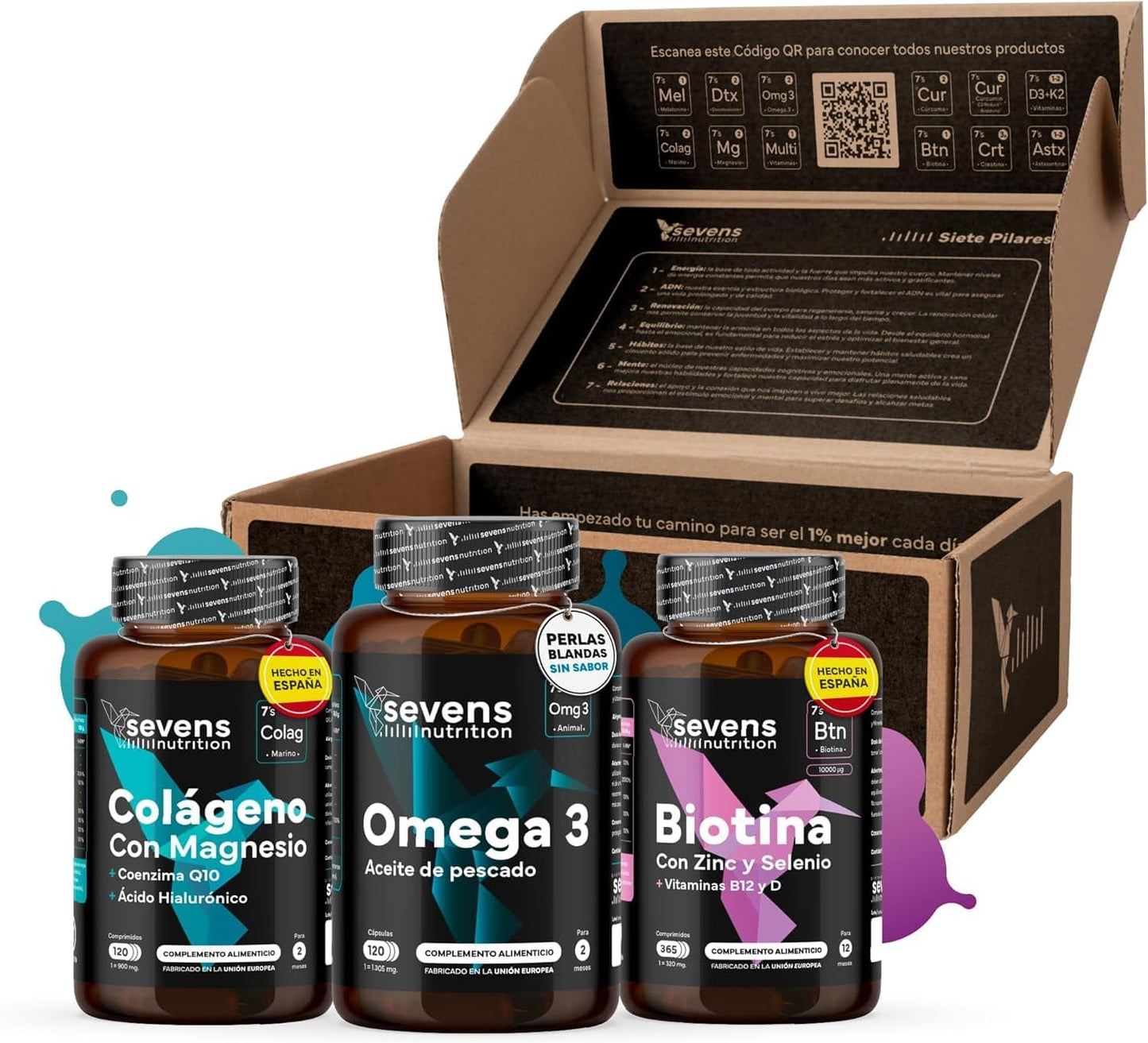 Pack Belleza: Biotina, Colágeno, Omega 3 Y Ácido Hialurónico. Sevens Nutrition. Vitaminas Para El Cabello, Piel Y Uñas_0