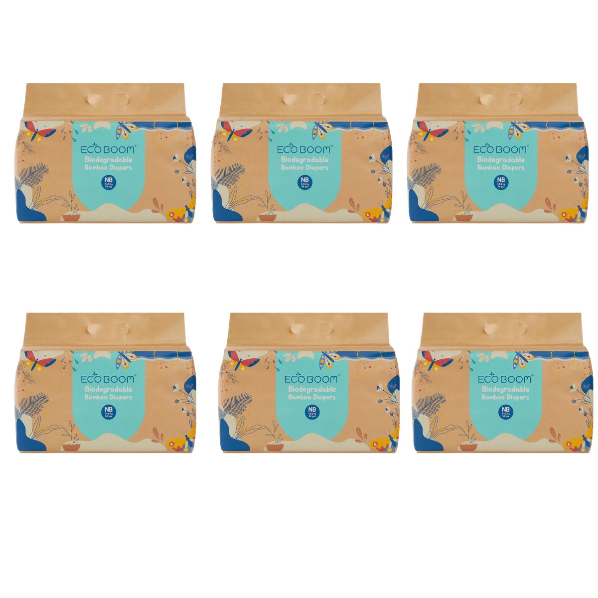 ECOBOOM - Pañal Ecológico de BAMBÚ Eco Boom. 70% Biodegradable, Hipoalergénico (TALLA 1/NB < 3KG, PACK 6 BOLSAS, TOTAL 204 PAÑALES)