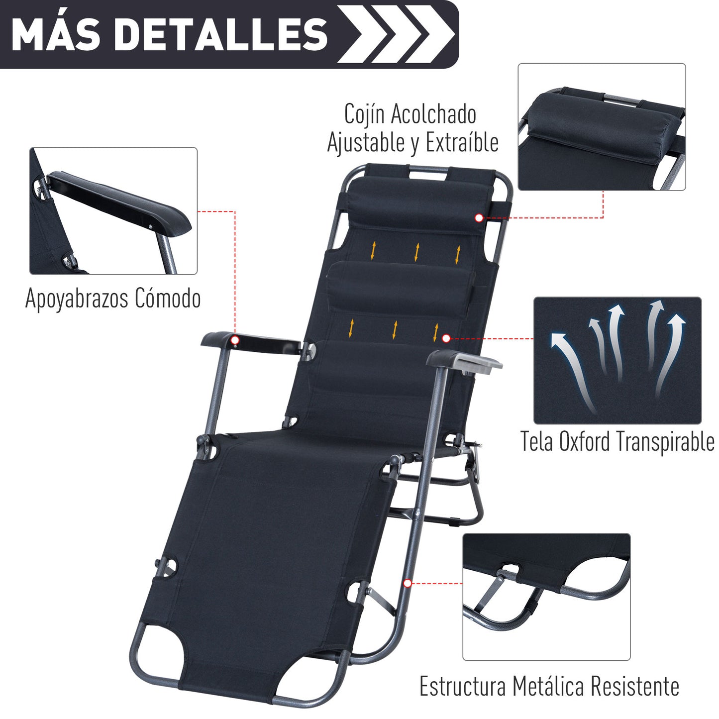 Outsunny 2 Tumbonas Reclinables Y Plegables Con Almohada 135x60x89 Cm Negro_5