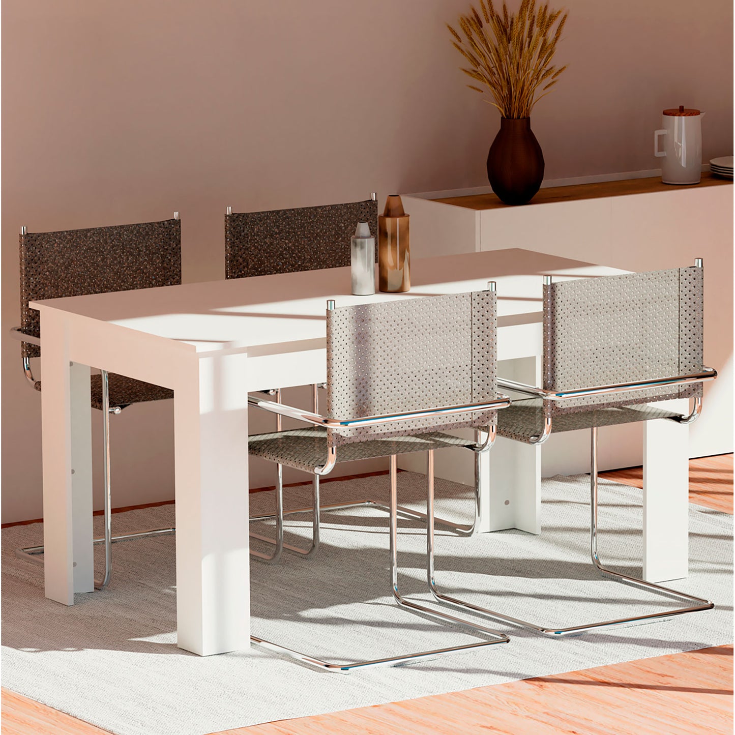 Mesa Comedor Madera, Salón O Cocina Para 4 - 6 Personas 77x140x80 Cm, Muebles Diseño Moderno, Briebe, Opal, Blanco