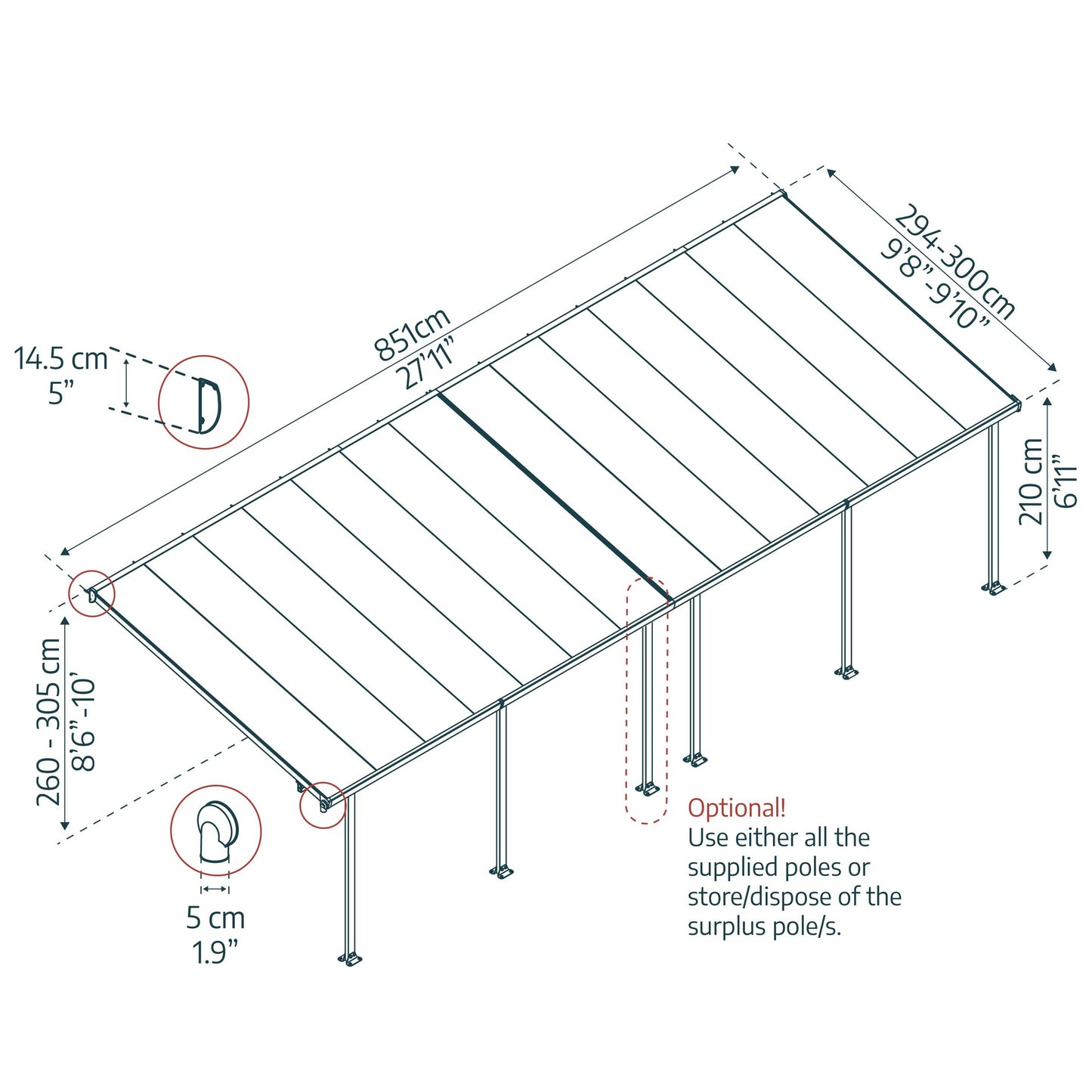 Pérgola adosada Feria 300x851 cm gris