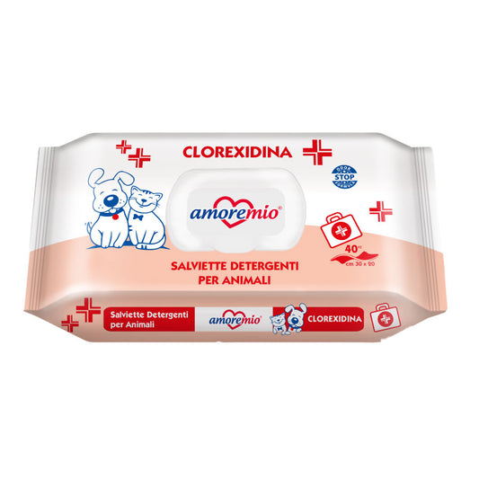 Amoremio Toallitas Clorexidina para perro y gato, paquete de 40 toallitas