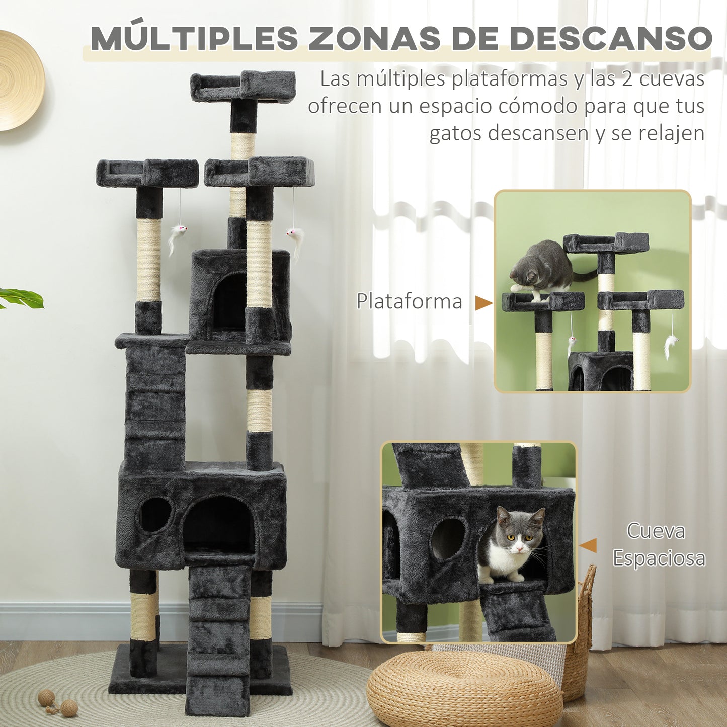 Pawhut Árbol Rascador Para Gatos Grande 49x49x173 Cm Con Múltiples Niveles Gris_5