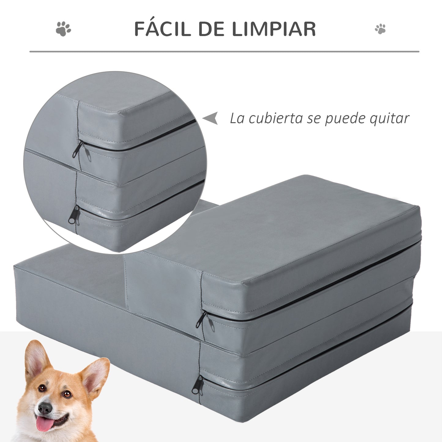 Pawhut Escalera Mascotas 2 Peldaños Cama De Perros Desmontable 45x39x20 Cm Gris_5