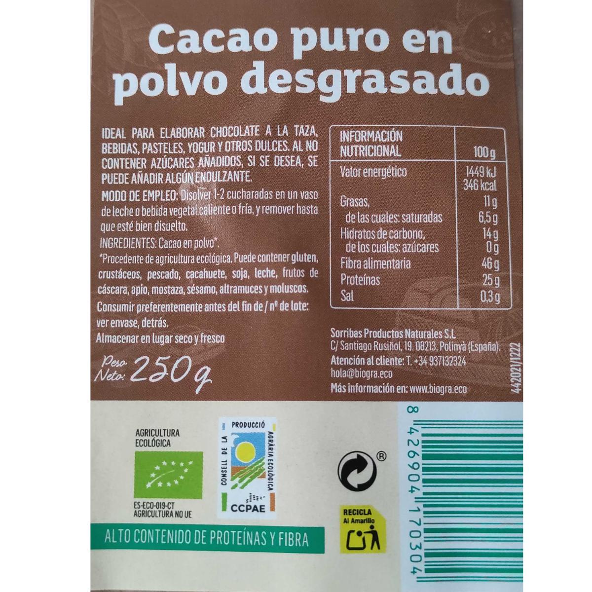 Cacao ECO puro en polvo desgrasado Biográ 250 g