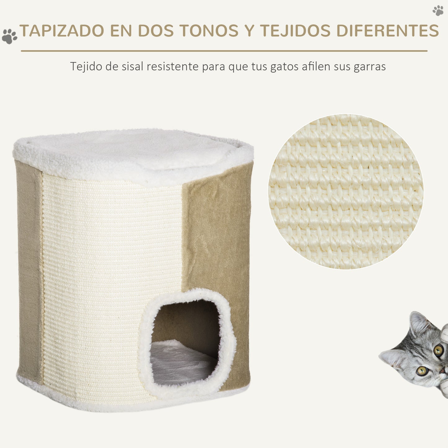 Pawhut Barril Rascador Para Gatos 2 Niveles Con Cuevas De Sisal 40x40x49cm Beige_5