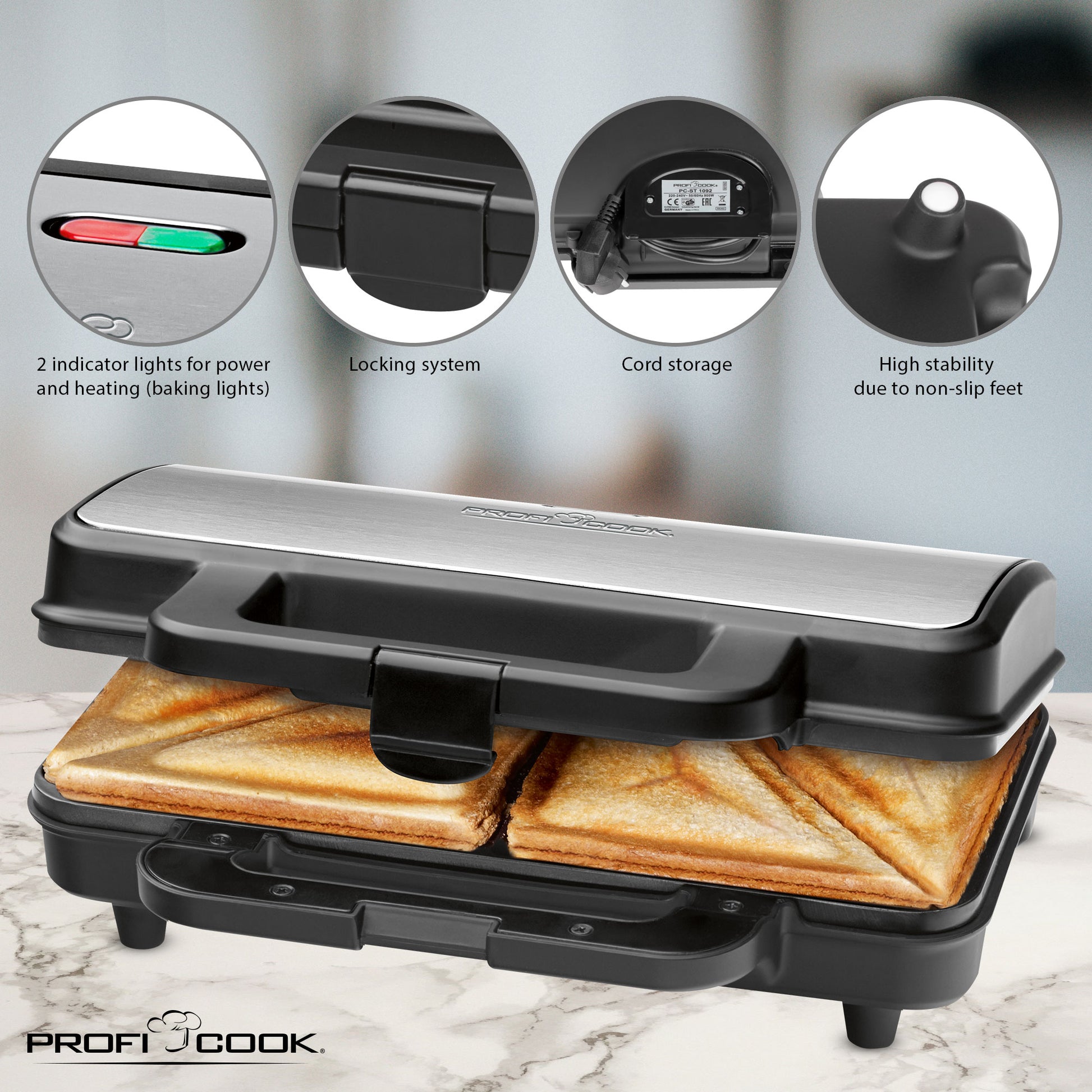 Sandwichera, 2 Sandwiches Xxl, Placas Antiadherentes, Tostado Perfecto, Acero Inoxidable Proficook St 1092 900w