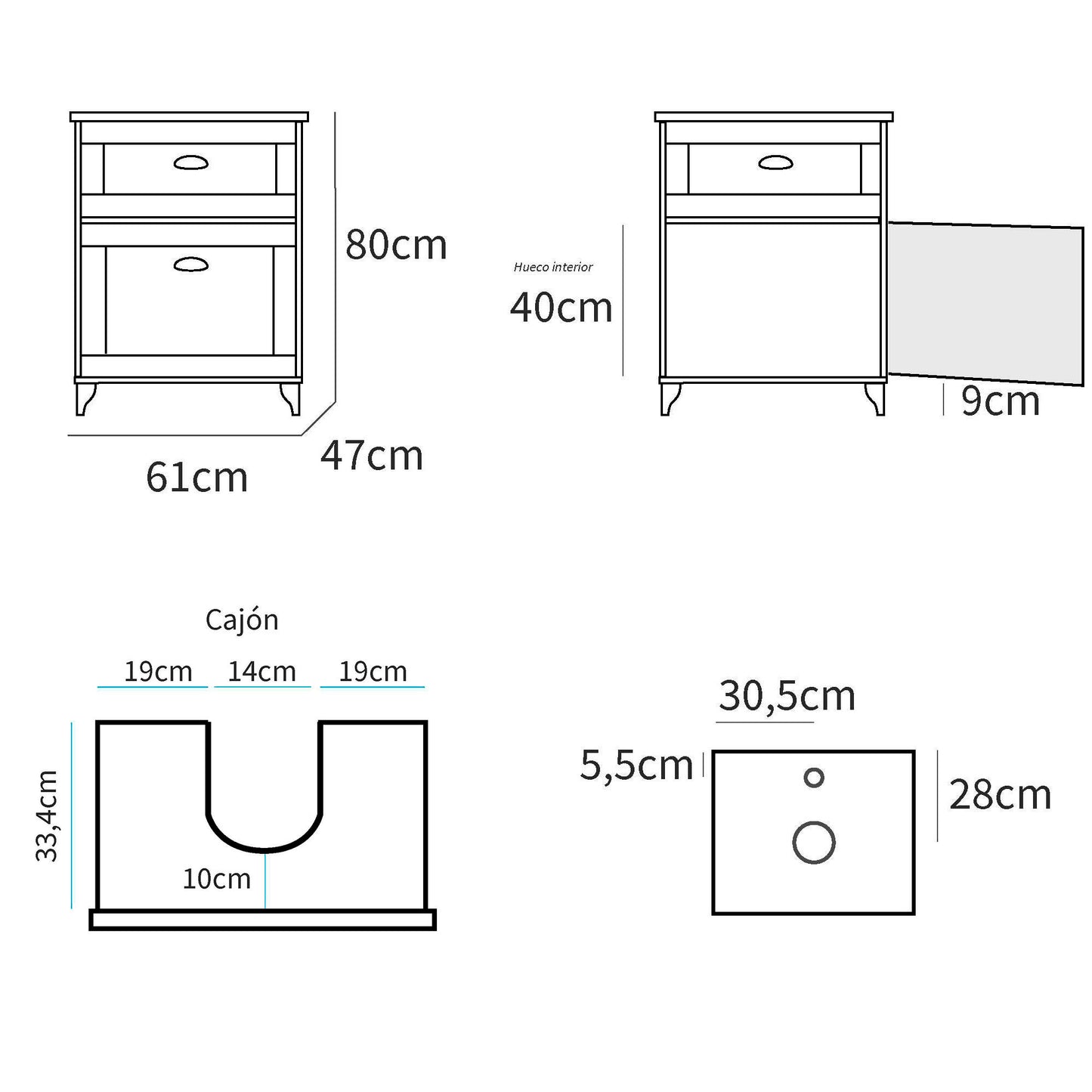 Mueble Baño 60cm Lavabo Sobre Encimera No Incluido, Armario Auxiliar Estilo Vintage 80x61x47cm, Briebe, Eterna, Blanco