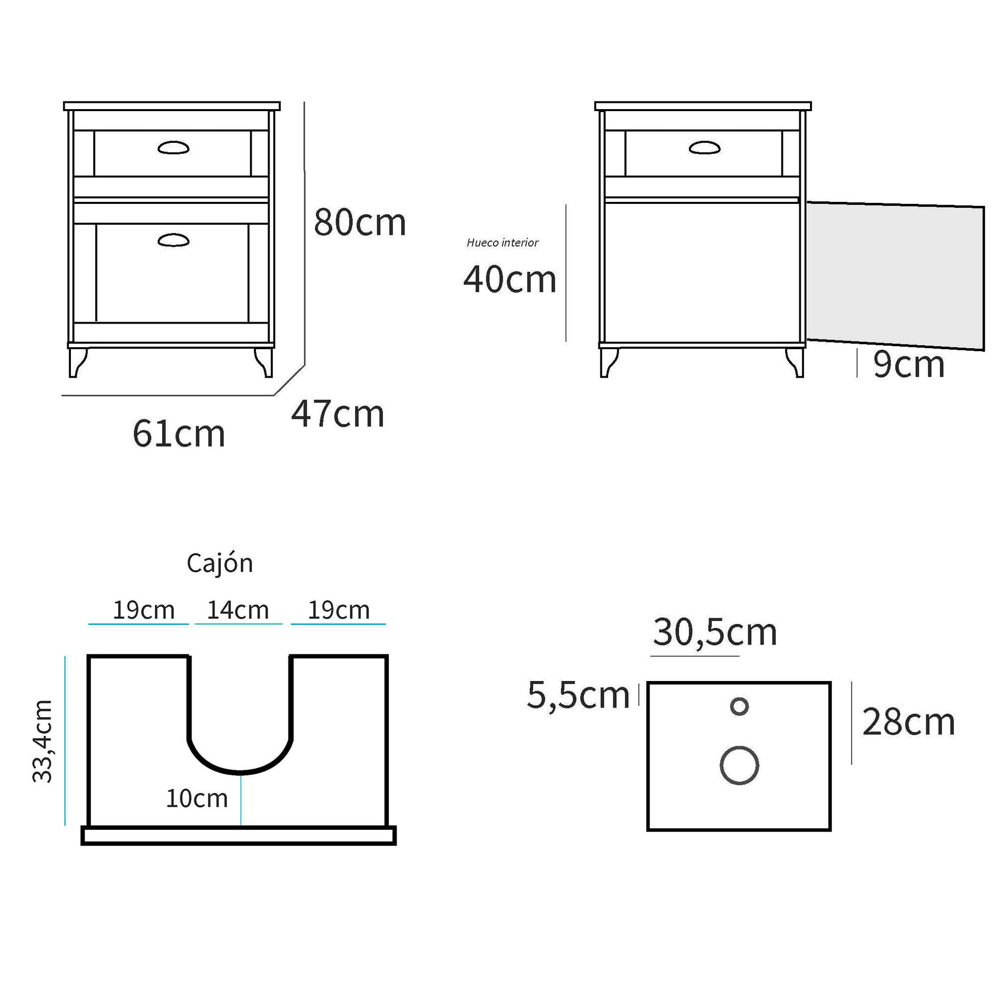 Mueble Baño 60cm Lavabo Sobre Encimera No Incluido, Armario Auxiliar Estilo Vintage 80x61x47cm, Briebe, Eterna, Blanco