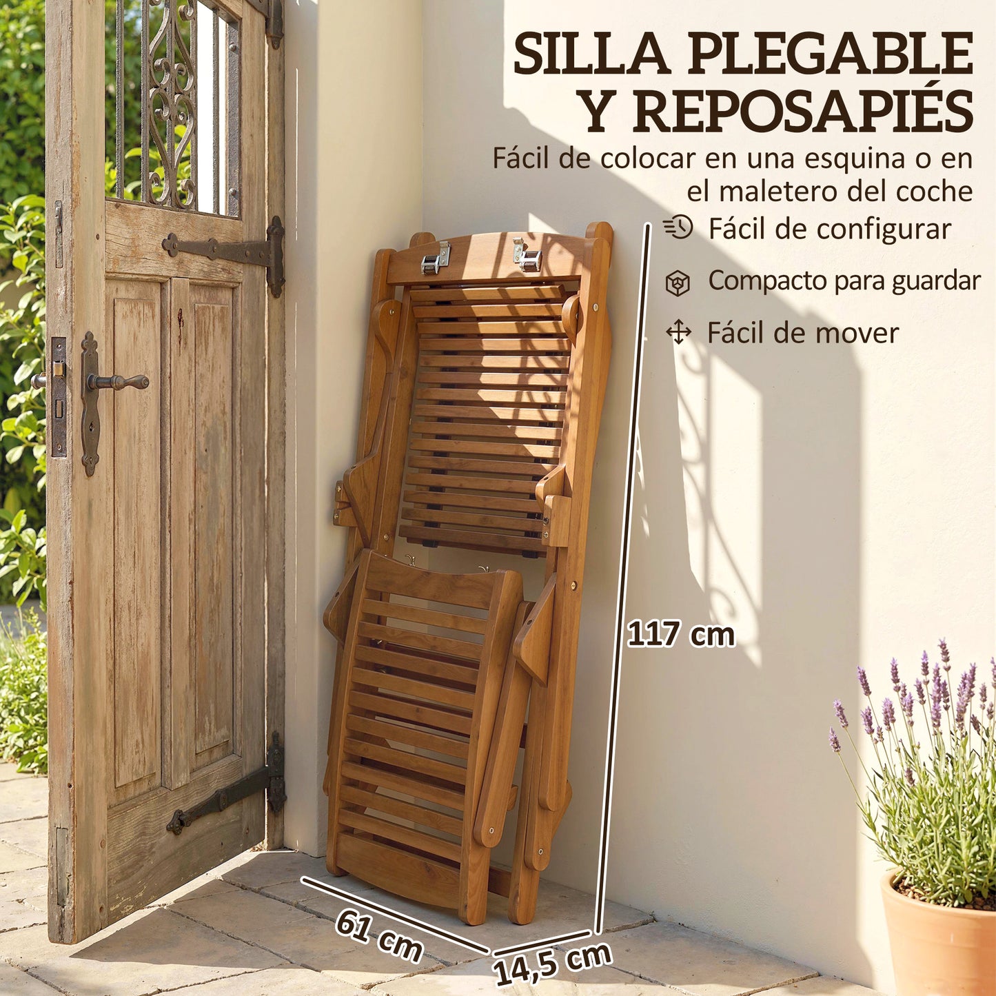 Outsunny Tumbona Silla Plegable De Madera Con Reposapiés Desmontable Y Cojín_5