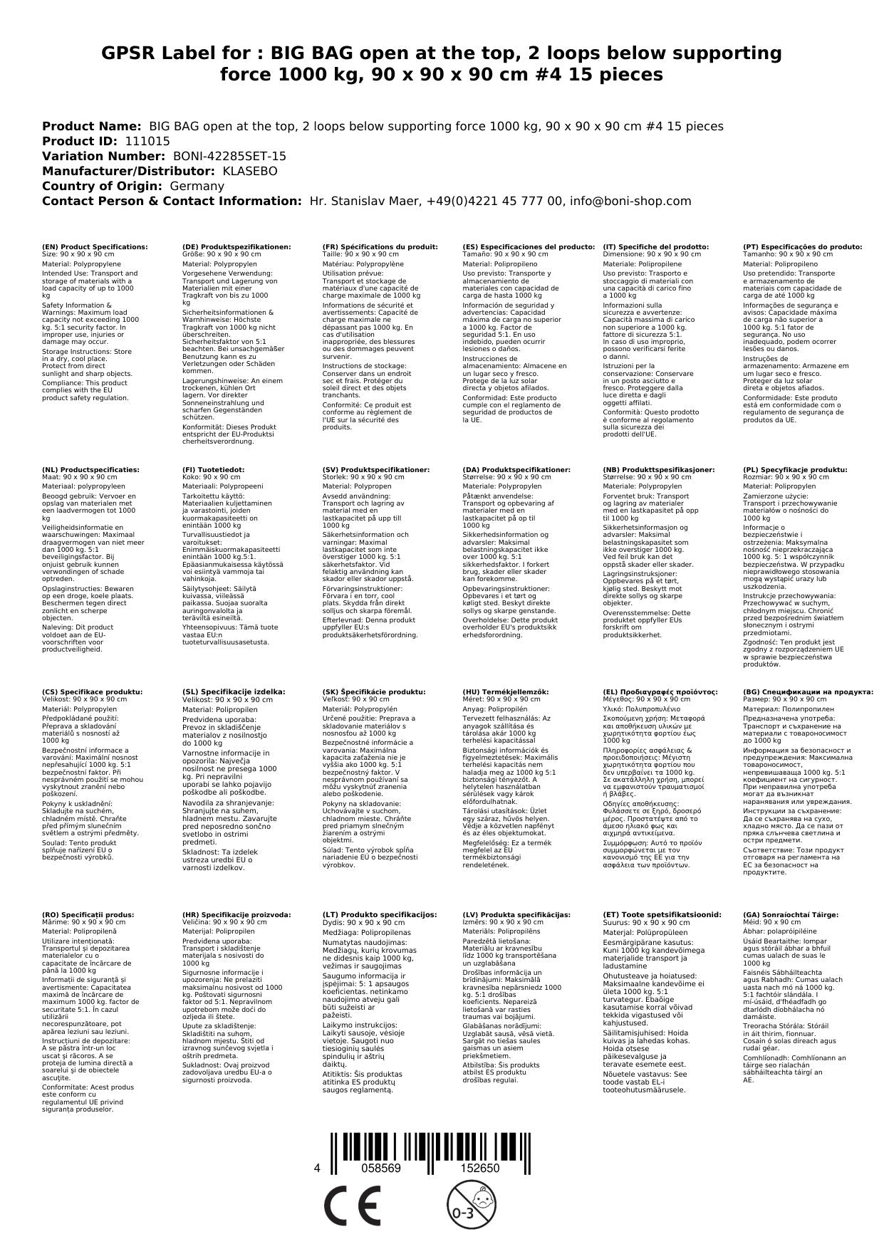 Big Bag Oben Offen, 2 Schlaufen Unten Tragkraft 1000 Kg, 90 X 90 X 90 Cm #4 15 Stück_1