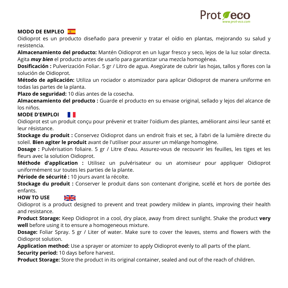 Oidioprot Tratamiento Natural Oídio En Plantas, Huertos Y Jardines Prot-eco 100 g