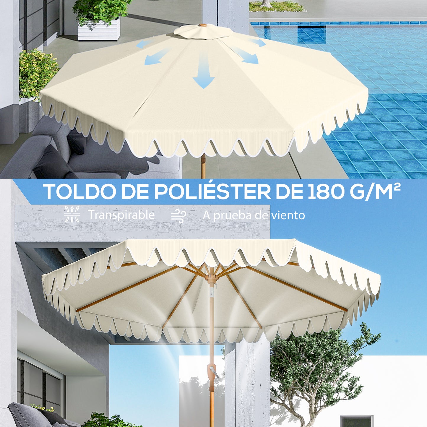 Outsunny Sombrilla De Terraza Ø264x240 Cm Ángulo Ajustable Con Manivela Crema_5