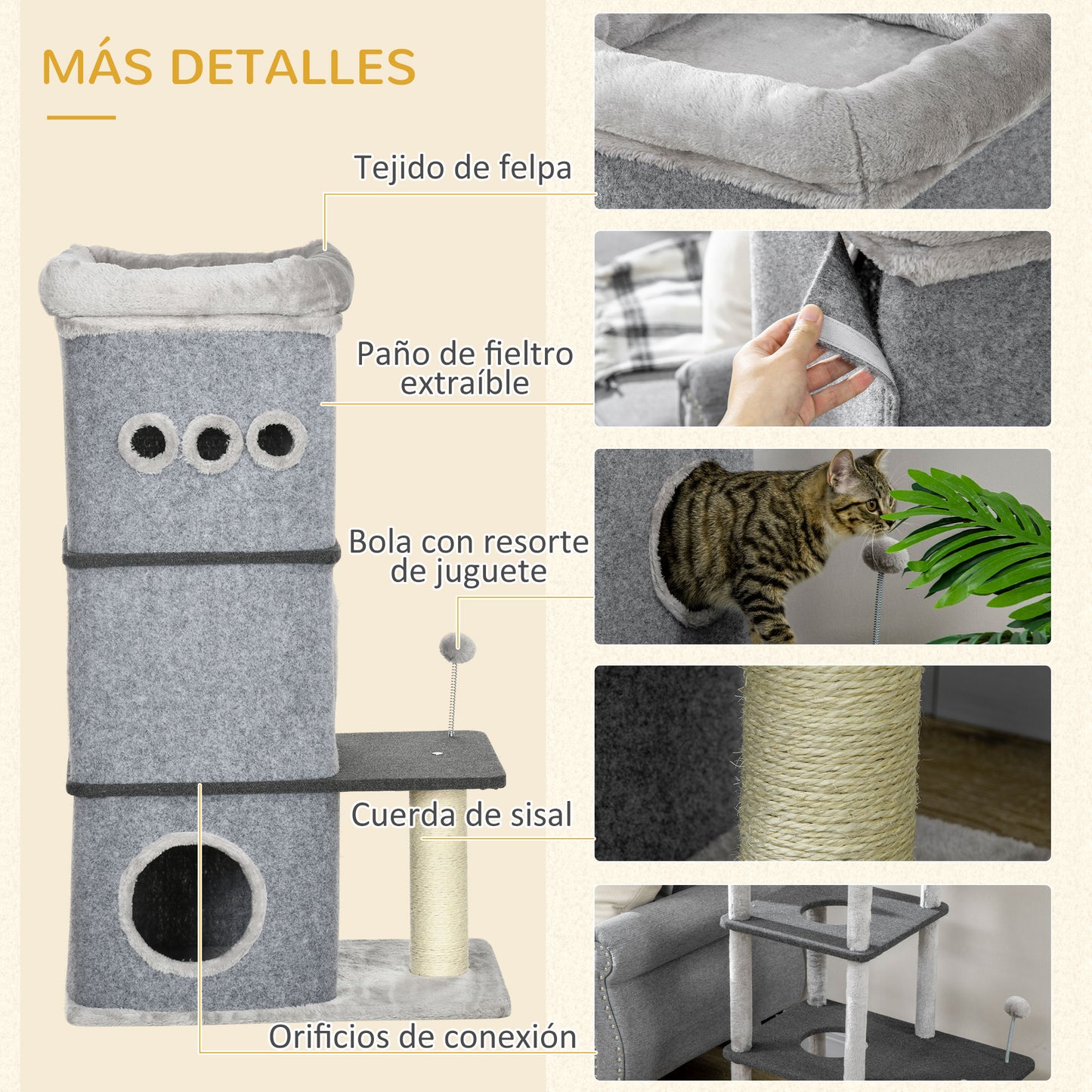 Pawhut Barril Rascador Para Gatos De 3 Niveles Altura 102 Cm Con Poste De Sisal_5