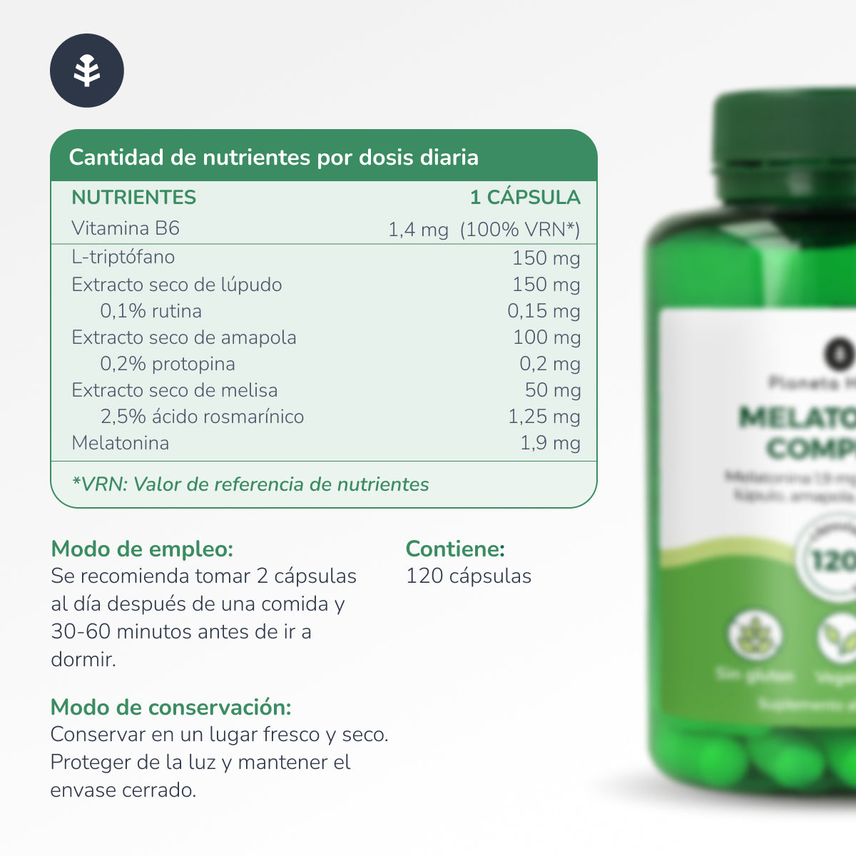 Melatonina complex Planeta Huerto 120 cápsulas