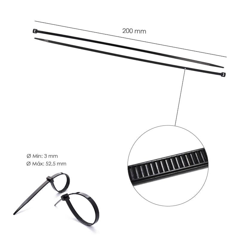 Brida Nylon 100%. Color Negro 2,5 X 200 Mm. Bolsa 100 Unidades. Abrazadera Plastico, Organizador Cables, Alta Resistencia